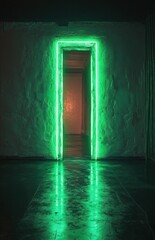 Fototapeta premium Green neon doorway, dark hallway, mystery, stock photo