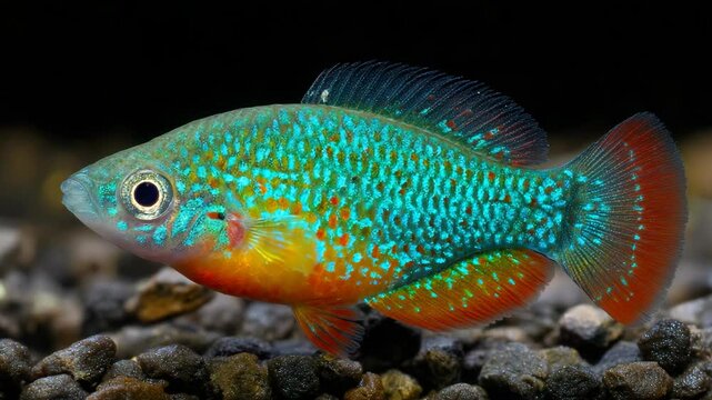 Close up portrait of a colorful killifish with vibrant orange, teal, and yellow scales swimming over dark substrate in clear fresh water