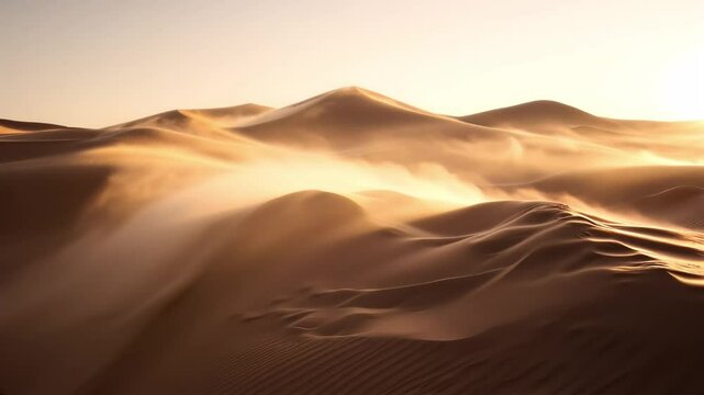 Golden Sand Dunes Under Bright Sunlight In Endless Desert