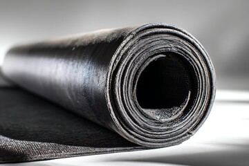 A roll of black rubber material on a gray background