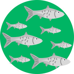 Represents fish in water, commonly used to indicate fishing spots or marine life.