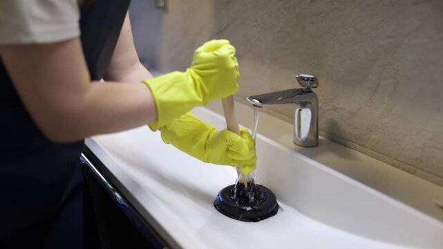 A person wearing yellow gloves is effectively using a plunger to clear a clogged drain in a contemporary bathroom. This practical method demonstrates useful cleaning techniques.