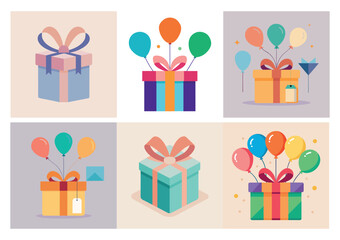 Playful Gift Box Design with Balloons and Colorful Ribbon, This vibrant vector design is perfect for fun birthday celebrations, kids' party invitations, and playful gift wrapping designs