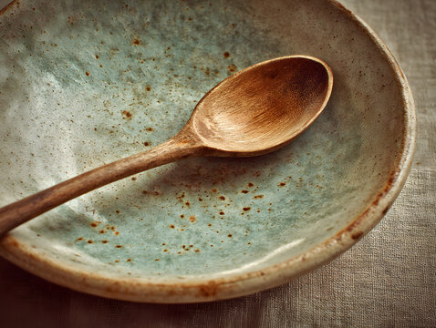 Ceramic spoon lying on empty plate untouched fain