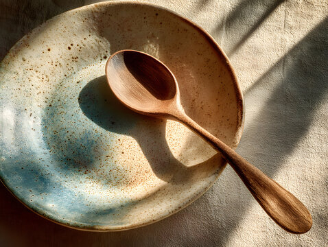 Ceramic spoon lying on empty plate untouched fain