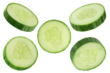 Slice of cucumber isolated on white background, collection