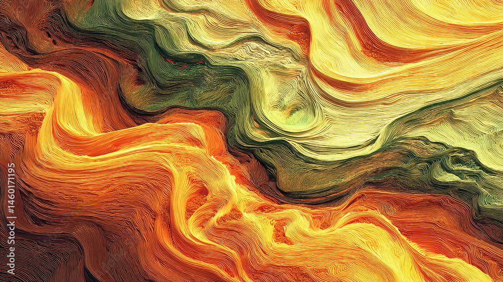 Poster abstract image of swirling, textured lines in orange, yellow, and green hues, creating a dynamic and