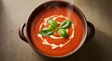 Steaming bowl of creamy tomato soup garnished with fresh basil and a swirl of cream.