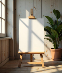 A sleek and minimalist, blank wooden easel stand set against a softly lit, distressed wooden wall backdrop. Empty stretchers on the easel evoke a sense of creative space, awaiting artistic expression.
