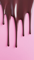Liquid chocolate dripping on a light pink background