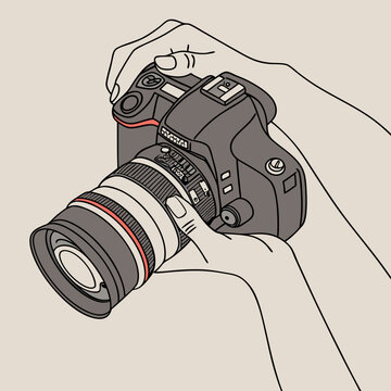 Fototapeta Hands holding a DSLR camera illustration minimalist design photography equipment