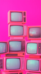 Pink aesthetic, retro TVs stacked on top of each other, vibrant pink background, vintage, retro, 80s style, aesthetic vibe