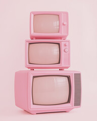 Three vintage pink televisions stacked on top of each other, against a plain light background, with a pastel aesthetic, creating a cute visual