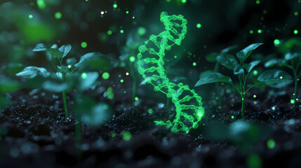 Obraz premium A vibrant green dna strand rises amidst young plants in a soil bed, symbolizing the fusion of genetics and nature in agriculture. [Neon Botany] | Fusion Flora | light hybrid. Illustration