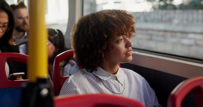 Thinking, smile and student or woman on bus for reflection, college shuttle and journey. Public transportation, memory and vision with person on vehicle for morning drive, metro and tram services