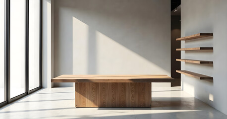 A well-styled, minimalist retail display table in a modern furniture store setting. The table has a rich, wooden surface with natural texture and grain, illuminated by soft daylight streaming through 