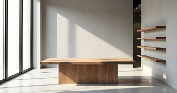 Fototapeta A well-styled, minimalist retail display table in a modern furniture store setting. The table has a rich, wooden surface with natural texture and grain, illuminated by soft daylight streaming through 