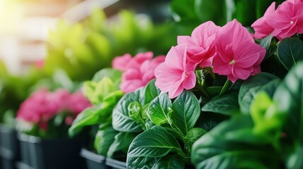 Vibrant Pink Flowers Amidst Lush Green Foliage in Natural Light