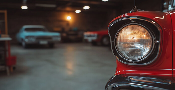 Classic automobile headlight and front section vintage car transportation - Powered by Adobe