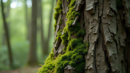 A close-up of a moss-covered tree trunk in a serene forest bathed in soft sunlight.