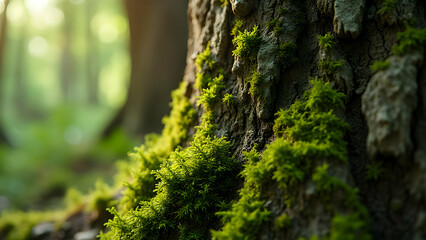 Obraz premium A close-up of a moss-covered tree trunk in a serene forest bathed in soft sunlight.