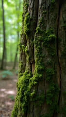 A close-up of a moss-covered tree trunk in a serene forest bathed in soft sunlight.