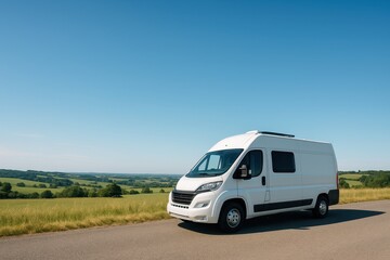 White Camper Van Parked on Scenic Rural Road Under Clear Blue Sky