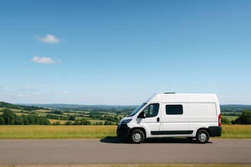 White Van Parked on the Side of a Scenic Road with Open Fields