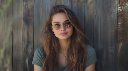 Fototapeta premium Young woman with long brown hair and sunglasses poses against a rustic wooden fence background.