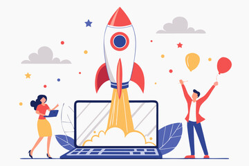 Successful Business Launch Startup Rocket Launching from Laptop Screen