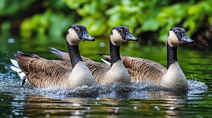 Obraz premium Three geese swim in formation across a calm body of water. Ripples surround them. Lush green foliage forms a background