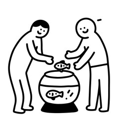 Two friends adding fish to a fishbowl. Simple black and white vector illustration. Cheerful mood.