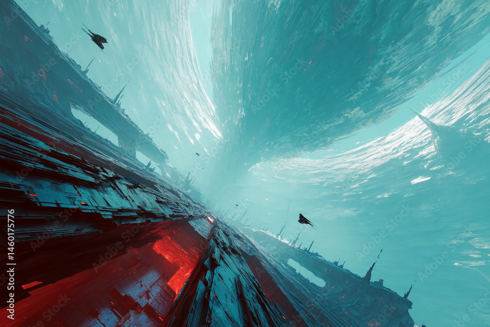 Aufkleber Abstract digital art depicts a futuristic cityscape, with teal and red structures and spaceships, creating a dynamic, otherworldly atmosphere