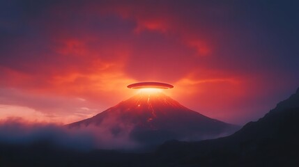Fiery volcanic mountain scene with a glowing flying object.