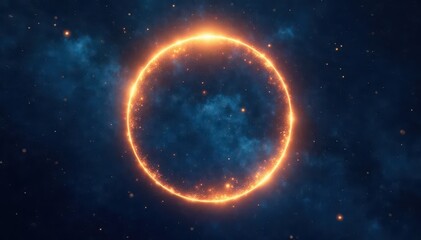 Celestial orb, glowing golden light circle on deep blue backdrop, graphic, galaxy