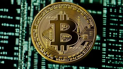 Golden bitcoin coin over digital code background.