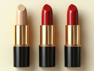 Obraz premium Three lipsticks in nude, red, and dark red shades, elegantly arranged against a neutral background. The gold casings add a luxurious touch