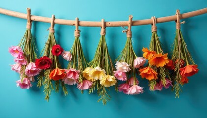 Dried floral garland hangs on dowel, blue backdrop, wall hanging, dried flowers