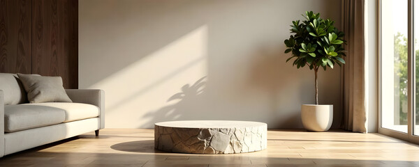 An empty, natural stone pedestal in a minimalist, high-end living room with a modern wood floor and floor-to-ceiling windows. Soft, indirect sunlight streaming through the windows creates depth and wa