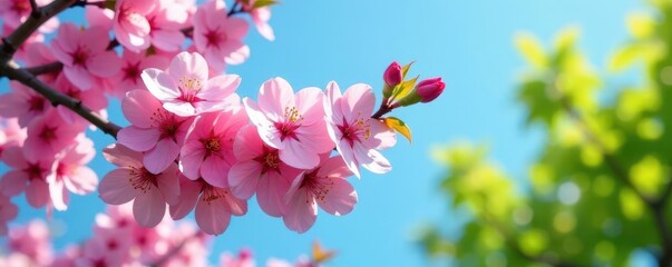 Obraz premium Heavy pink cherry blossom bough, azure sky, fresh green foliage , blue sky, tree, pastel