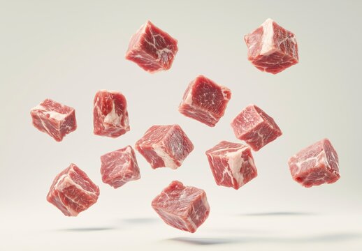 Fresh raw meat cubes flying in the air, white background