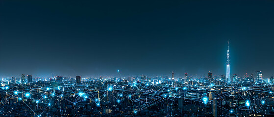 Fototapeta premium Night City Skyline With Illuminated Buildings