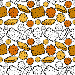 Delicious cookies, crackers, biscuit cakes, in a seamless pattern in cartoon style.