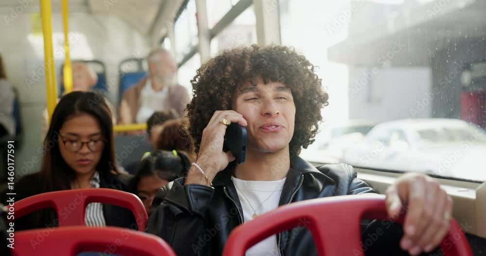Poster phone call, bus and man with smile, passenger and communication with network, contact and talking. m