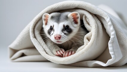 Lovable Ferret Wrapped Warmly in a Blanket – Stunning Photography for Pet-Themed Marketing and Social Media