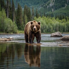Majestic grizzly bear stands in a serene river