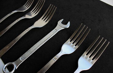 A straight row of forks for food with one open end spanner in place of the fork. Metaphor to...