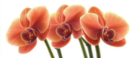 Three peach orchids in bloom, showcasing intricate details of petals and stems against a white backdrop