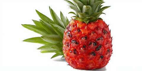 A grilled red pineapple with a green leaf on top. The pineapple is cut in half and the inside is red