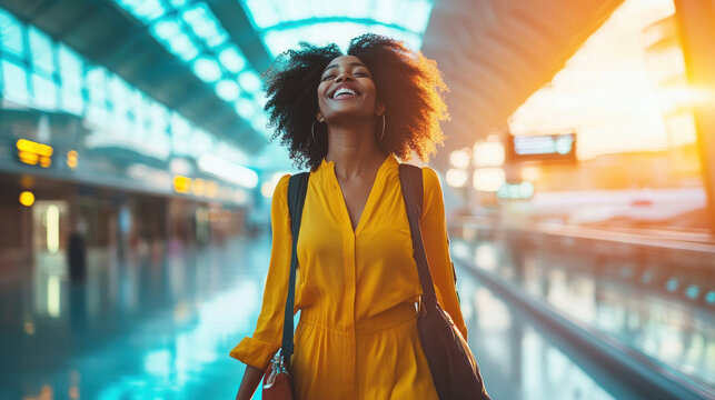 smiling african american woman walking through airport terminal with sunlight streaming in. adventure concept, travel agency promotion, lifestyle blog, airport advertisement